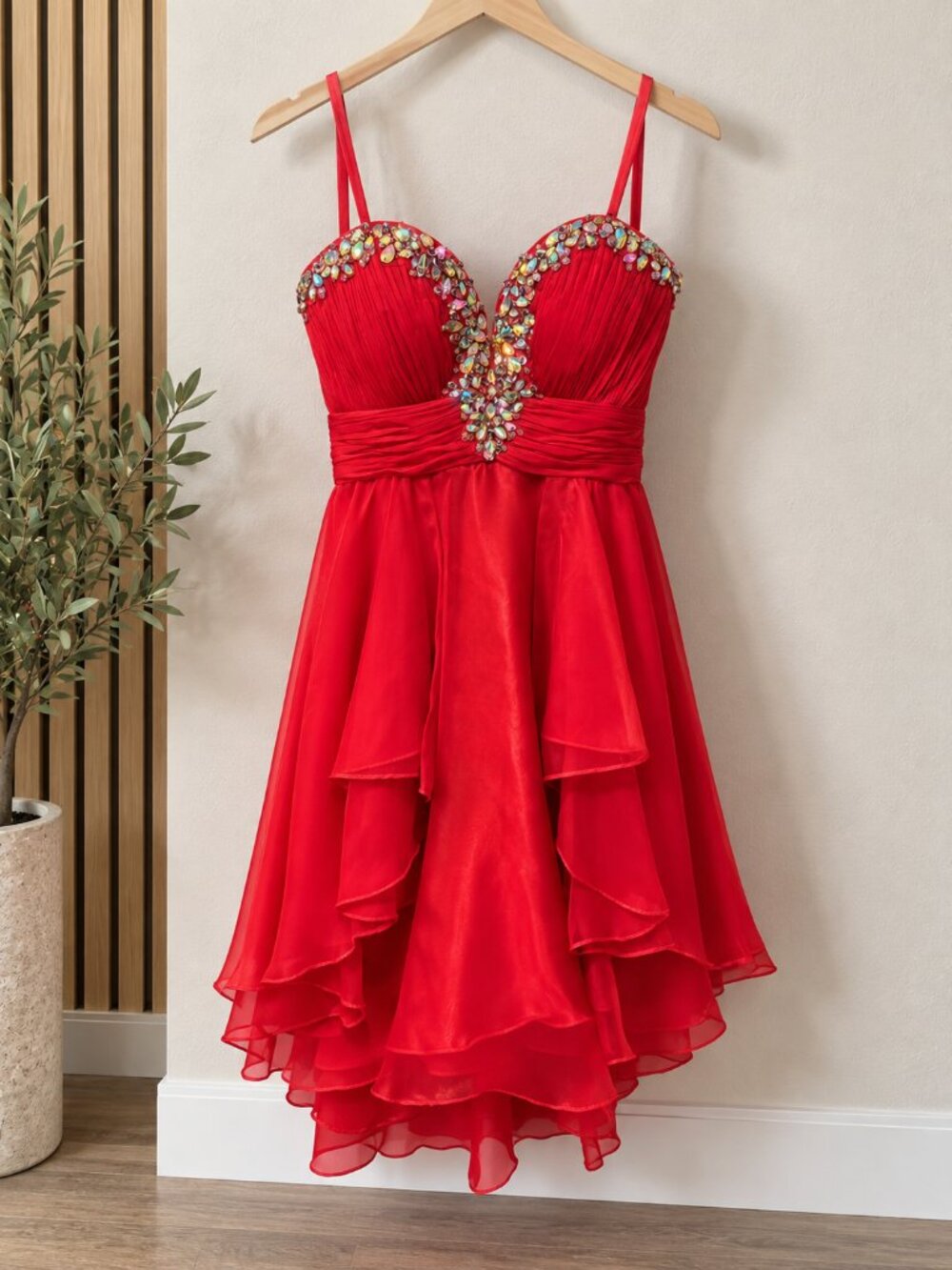 Let’s Fashion Red Rhinestone High Low HOCO Homecoming Dress Size Small Y2K